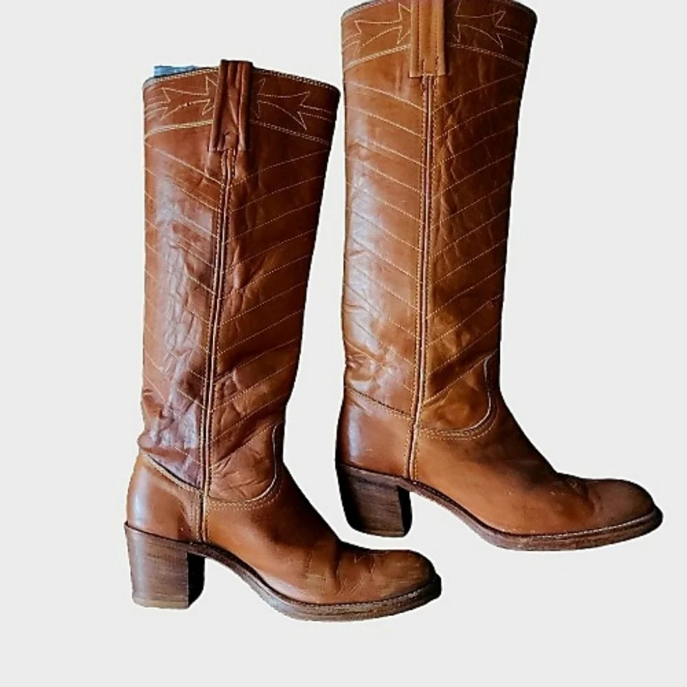 Frye Brown Knee High Leather Heeled Boots 7B - Picture 2 of 10